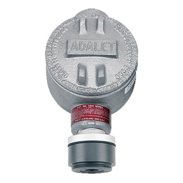 A metallic industrial sensor from RKI Instruments, known as the RKI Non-Explosion Proof ClO2 Direct Connect Sensor - CT-7, is embossed with "ADALET" on top and designed for hazardous area detection. It features a cylindrical shape with visible screws and has a red label around the middle section. The lower gray and white part connects seamlessly to RKI controllers or serves as a ClO2 Direct Connect Sensor.