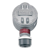 This RKI Instruments cylindrical metal conduit housing features a sturdy design and a threaded connection at the bottom, specifically engineered for detecting hazardous areas. It is embossed with "ADALET" in letters and is compatible with the RKI Non-Explosion Proof ClO2 Direct Connect Sensor - CT-7 for enhanced safety.