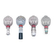 Four RKI Instruments S2 Fixed Gas Sensors/Transmitters, featuring a metal design with round tops, cylindrical connectors, and explosion-proof construction, are arranged in a row against a white background.