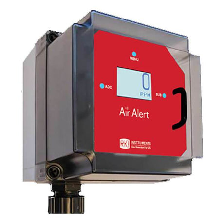 The RKI Air Alert Transmitter (CO) from RKI Instruments features a red front panel and a digital display reading "0 PPM." Designed as a Carbon Monoxide Gas Detector, it is equipped with RS-485 Modbus outputs. Its appearance is completed with a transparent cover and a small black handle on the right side, and it is marked with "Air Alert.