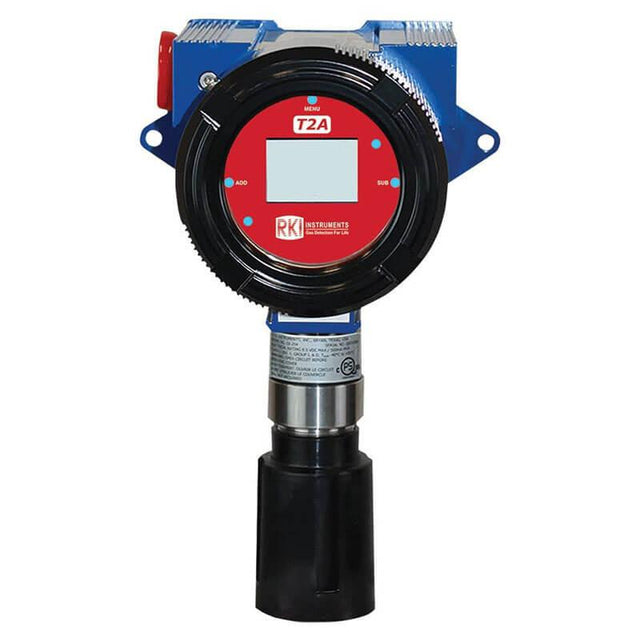 The RKI T2A Sensor/Transmitter with J-Box (HCN) 66-6205 by RKI Instruments is an industrial gas detector designed for monitoring HCN gas levels. It features a blue and black casing, a circular display labeled "T2A," and functions as a loop-powered device with an electrochemical sensor, buttons, and connectors.