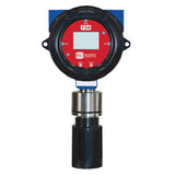 The RKI T3A Sensor/Transmitter with J-Box (CO) 66-6301, from RKI Instruments, features a red circular display panel with navigation buttons and a visible sensor unit at the bottom. This CO gas detector is designed for monitoring gases and includes RS-485 Modbus outputs for seamless connectivity.