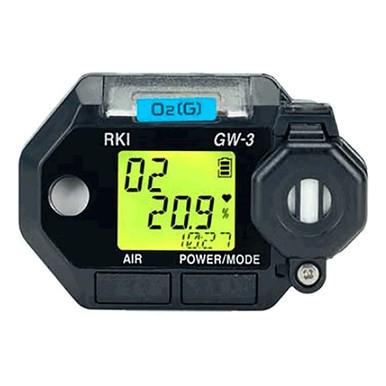 The RKI Instruments GasWatch 3 O2 Single Gas Monitor (model 72-0012) is a stylish single-gas monitor displaying "O2" and "20.9%". It features buttons labeled "AIR," "POWER/MODE," and is identified by the tag, "RKI GW-3". Built for continuous operation, it also includes a small circular sensor on the right side.