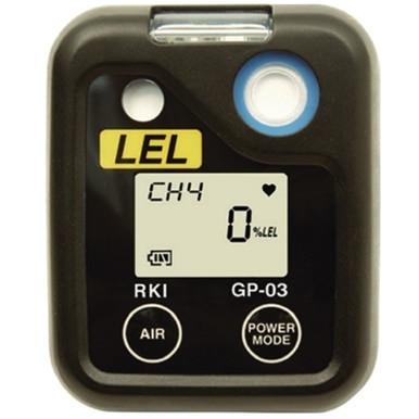 A black RKI Instruments 03 Series LEL Single Gas Monitor, model 72-0037, featuring a digital display indicates "CH4 0% LEL." It is equipped with two buttons labeled "AIR" and "POWER MODE" for monitoring combustible hydrocarbons. The device prominently displays a yellow "LEL" label and the brand name "RKI Instruments GP-03.