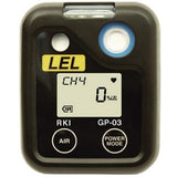 The RKI Instruments 03 Series LEL Single Gas Monitor 72-0037, a handheld gas detector from RKI Instruments, showcases "CH4" and "0% LEL" readouts. It includes buttons labeled "AIR" and "POWER MODE," along with a striking yellow label that reads "LEL," making it ideal for monitoring combustible hydrocarbons.