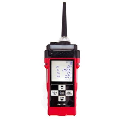 The RKI Instruments GX-2012 Multi-Gas Detector is a red portable gas detector featuring advanced micro-sensor technology. It includes a black antenna and a digital screen that shows 4-gas monitoring measurements, accompanied by several buttons below for simple control and settings.