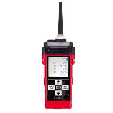 The RKI Instruments GX-2012 5-Gas Detector is a red handheld device featuring micro-sensor technology and an antenna. It includes a digital display that shows various gas levels and has black buttons labeled for different functions, making it ideal for confined space entry and efficient monitoring of five gases.