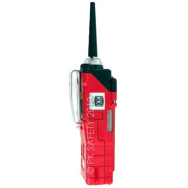 The RKI Instruments GX-2012 5-Gas Detector, featuring advanced micro-sensor technology, is equipped with a black antenna and a digital display. Designed for safety during confined space entry, it includes buttons for operation and proudly displays the PK Safety logo.