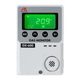 The RKI OX-600 Indoor Stand Alone Oxygen Monitor 72-100_ features a galvanic cell sensor for accurate indoor oxygen level measurement, displaying "20.9% O2" on a digital screen. Its green backlit display, along with mode and set buttons, ensure enhanced usability. The brand logo "RKI Instruments" is prominently located in the top left corner.