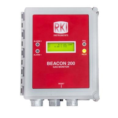 The RKI Beacon 200 Two Channel Wall Mount Fixed Systems Controller by RKI Instruments is a gas detection control unit with a distinct red faceplate. Its rectangular shape houses an LCD display that indicates gas levels as percentages, and it is equipped with alarm indicators and multiple connector ports at the bottom for enhanced versatility.