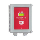 The RKI Beacon 110 Single Channel Wall Mount Fixed Systems Controller, a dependable wall-mounted gas monitor by RKI Instruments, is designed with a red front panel and digital display for accurate gas detection. It features the RKI Instruments logo, has a convenient reset button, and is enclosed in a gray rectangular housing with two connectors at its base.