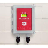 The RKI Beacon 110 Single Channel Wall Mount Fixed Systems Controller from RKI Instruments boasts a striking red front panel and a compact digital display. Two cables are neatly connected at the bottom, with the prominent "RKI Instruments" branding assuring reliability.