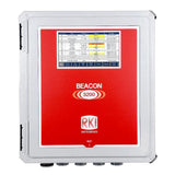 The RKI Beacon 3200 Thirty Two Channel Wall Mount Controller 72-2132, a gas detection controller from RKI Instruments in red and white, features a digital display displaying various readings and settings. Designed for wall mount installation, it includes multiple input/output ports at the bottom to ensure seamless integration.