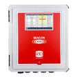 The image highlights the RKI Beacon 3200 Thirty Two Channel Wall Mount Controller 72-2132 by RKI Instruments. It features a compact digital display for multiple data readings and boasts a striking red front panel complete with branding and operational buttons, making it ideal for efficient wall mount installation.