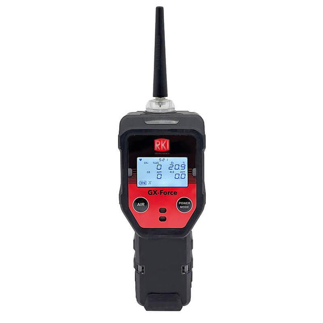 The RKI Instruments GX-Force Sample Draw 4 Gas Monitor 72-FA-A-A10 is a handheld device with a black and red exterior, ideal for leak investigations in confined spaces. It features a display screen for measurements, two buttons labeled "AIR" and "POWER MODE," and an antenna extending from the top.