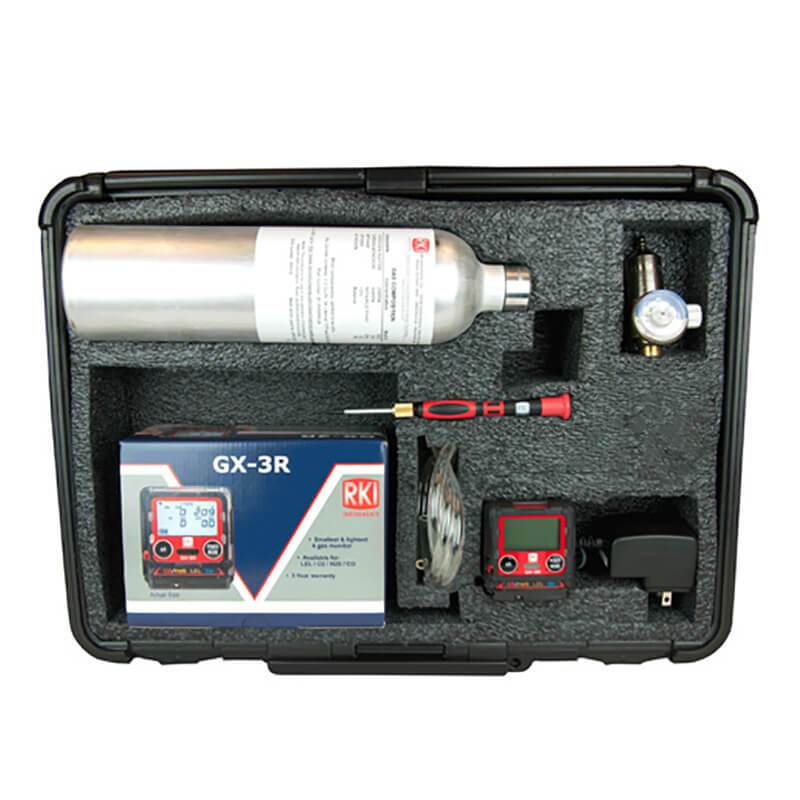 The RKI Instruments GX-3R 4 Gas Confined Space Kit is a portable gas detector system tailored for confined space safety. Encased in a robust hard case, it includes an RKI GX-3R gas monitor, a 4-gas cylinder, a regulator, a branded box, screwdrivers, tubing, and a battery charger—all expertly arranged within custom-cut foam compartments.