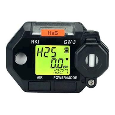 The RKI Instruments GasWatch 3 H2S Single Gas Monitor (model 73-0022), designed for hydrogen sulfide detection, features a black and green display that shows a reading of 0.0 ppm. This monitor is perfect for use in refineries and includes buttons labeled "Air" and "Power/Mode," with an orange "H2S" label prominently displayed at the top.