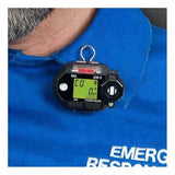 A compact black RKI Instruments GasWatch 3 CO (-H2) Single Gas Monitor (model 73-0025) is clipped to a person's blue "Emergency Response" shirt, displaying a reading of 0 ppm for CO. The device screen also features the labels "Air" and "Power Mode.