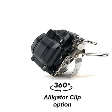 The image shows a close-up of a black alligator clip device featuring metal components, specifically designed for the RKI Instruments GasWatch 3 CO (-H2) Single Gas Monitor (model 73-0025). The text "360° Alligator Clip option" is visible below, emphasizing the clip's ability to rotate fully. The background is a plain white.