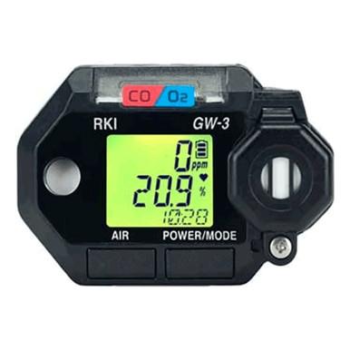 The RKI Instruments GasWatch 3 Personal Monitor (model 73-0026) digitally displays carbon monoxide (CO) levels at 0 ppm and oxygen (O2) levels at 20.9% on its screen. This CO/O2 gas monitor includes buttons labeled "AIR" and "POWER/MODE.