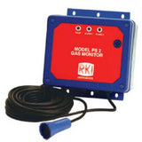 The RKI Instruments RKI PS 2 Combustible Single Point Stand Alone Monitor features LEL detection and is equipped with a coiled black cable and a blue probe. Its MOS sensor efficiently manages hydrogen detection. The device, mounted on a blue bracket, has three indicator lights labeled power, alarm 1, and alarm 2.