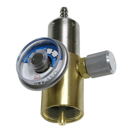 Introducing the RKI Instruments Regulator with Gauge 81-1050RK, a brass regulator ideal for precise calibration gas management. This regulator by RKI Instruments features an attached pressure gauge with a clear dial displaying blue and black markings, along with a convenient turning knob for effortless adjustment.