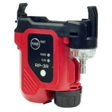 The RKI RP-3R Sample Drawing Pump for GX-3R, by RKI Instruments, is a red and black electronic device similar to the GX-3R. It includes buttons for power, reset, and flow control. The design incorporates a small transparent component and a large port for connections or installations, making it perfect for confined space entry and suitable as a sample drawing pump.