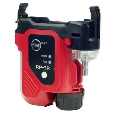 The RKI RP-3R Sample Drawing Pump for GX-3R, by RKI Instruments, is a red and black electronic device with a reset button labeled "POWER" and "GX-3R." It's designed for confined space entry and includes power and flow indicator lights, a transparent section, and a black connector on top.