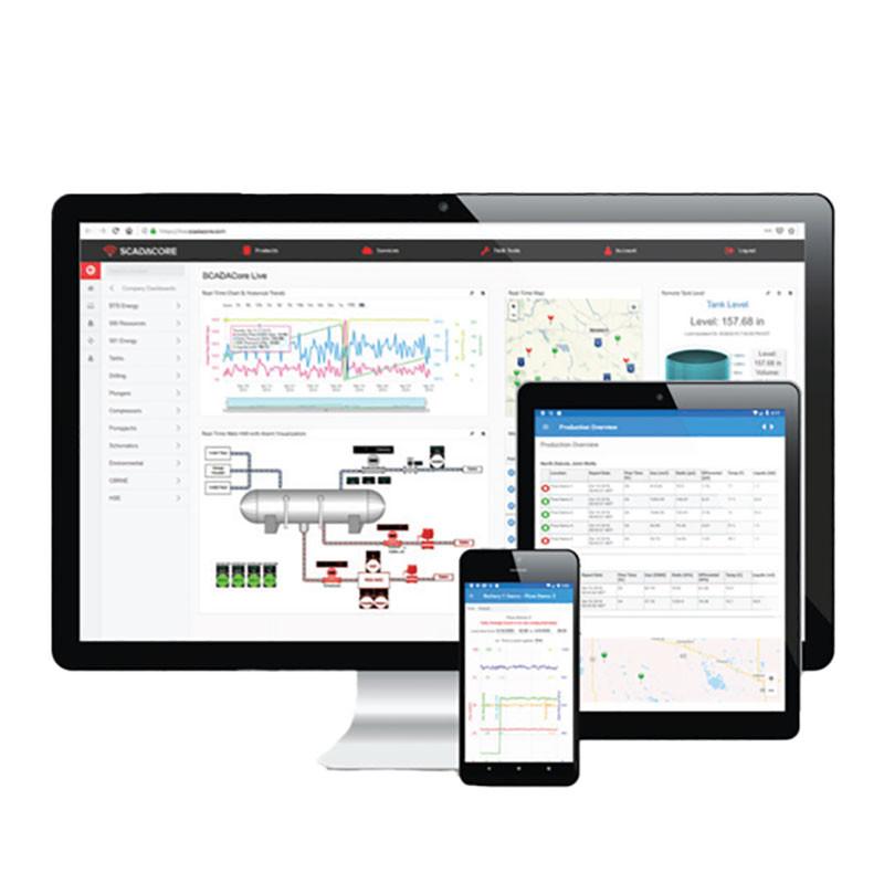 The RKI Telemetry Subscription 85-S- from RKI Instruments is showcased on a desktop computer monitor, tablet, and smartphone. These devices display industrial software dashboards filled with graphs, charts, and diagrams that emphasize gas monitoring features and remote data acquisition, highlighting various elements of the data monitoring and analysis interface.