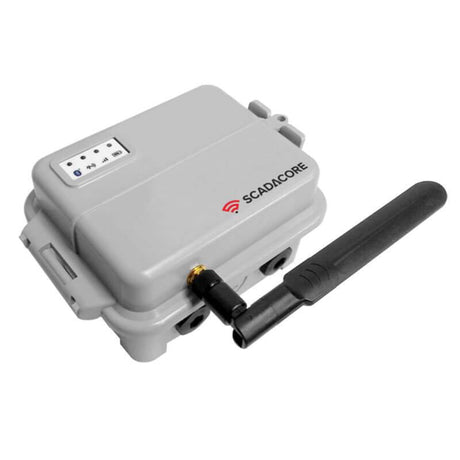 The RKI Telemetry Hardware by RKI Instruments is a rectangular gray wireless monitoring device designed for industrial applications. It features an antenna on top, and its front panel is equipped with indicator lights and connection ports to enable seamless remote monitoring.