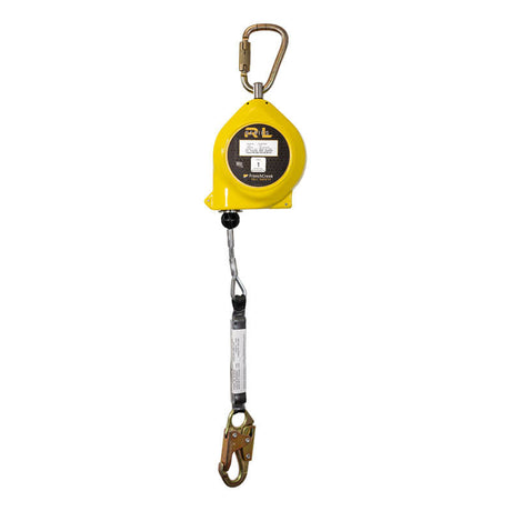 The French Creek Production RL25AGZ is a 25ft yellow self-retracting lifeline with galvanized steel cable, top carabiner, and bottom hook for reliable fall protection.