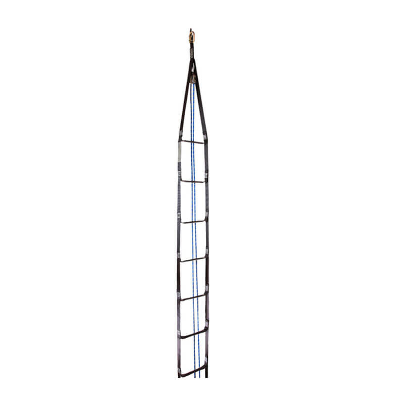 The Frontline Rescue 18' Ladder Kit with Pulley System RLA18B by Frontline Fall Protection features metal rungs, black side straps, a single top attachment point, and is OSHA compliant. Isolated on a white background.