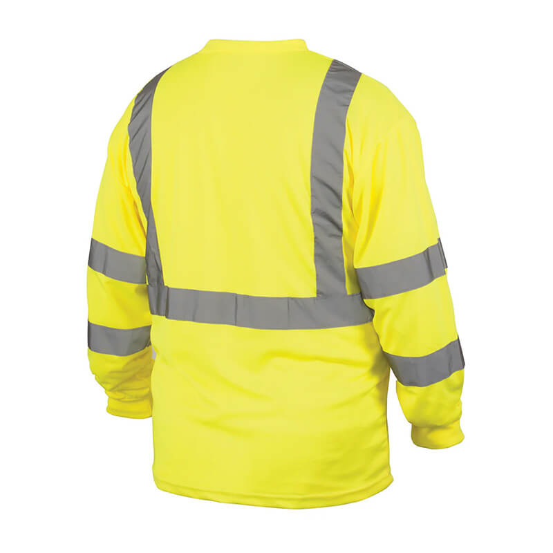 The Pyramex RLTS31 Type R - Class 3 Hi-Vis Long Sleeve T-Shirt by Pyramex Safety is a vibrant yellow safety top crafted with moisture-wicking fabric and adorned with reflective gray stripes on the back and arms for enhanced visibility.
