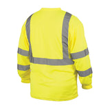 The Pyramex RLTS31 Type R - Class 3 Hi-Vis Long Sleeve T-Shirt by Pyramex Safety is a vibrant yellow safety top crafted with moisture-wicking fabric and adorned with reflective gray stripes on the back and arms for enhanced visibility.