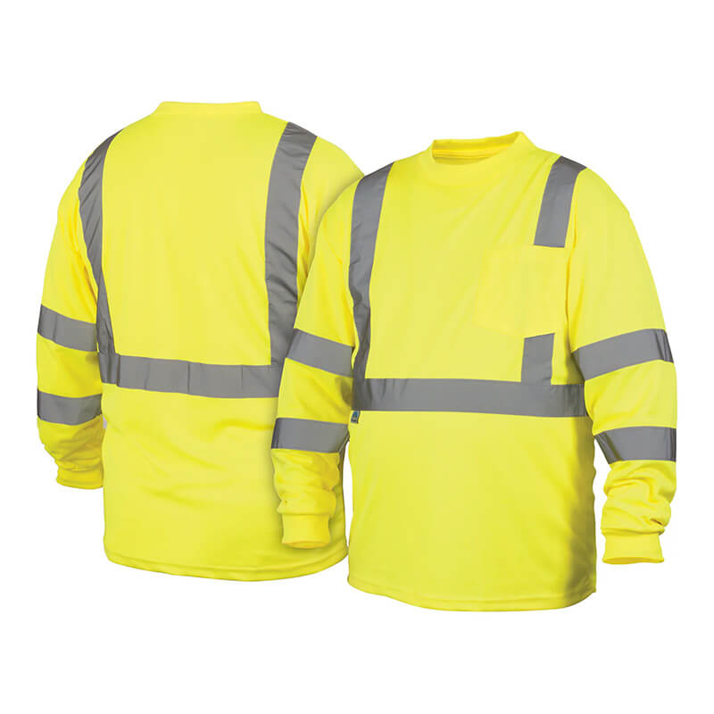 Two Pyramex RLTS31 Type R - Class 3 Hi-Vis Long Sleeve T-Shirts in yellow, featuring gray reflective stripes on the sleeves, chest, and back. Designed by Pyramex Safety with long sleeves for optimal coverage, these t-shirts are displayed from both the front and back for a complete view.