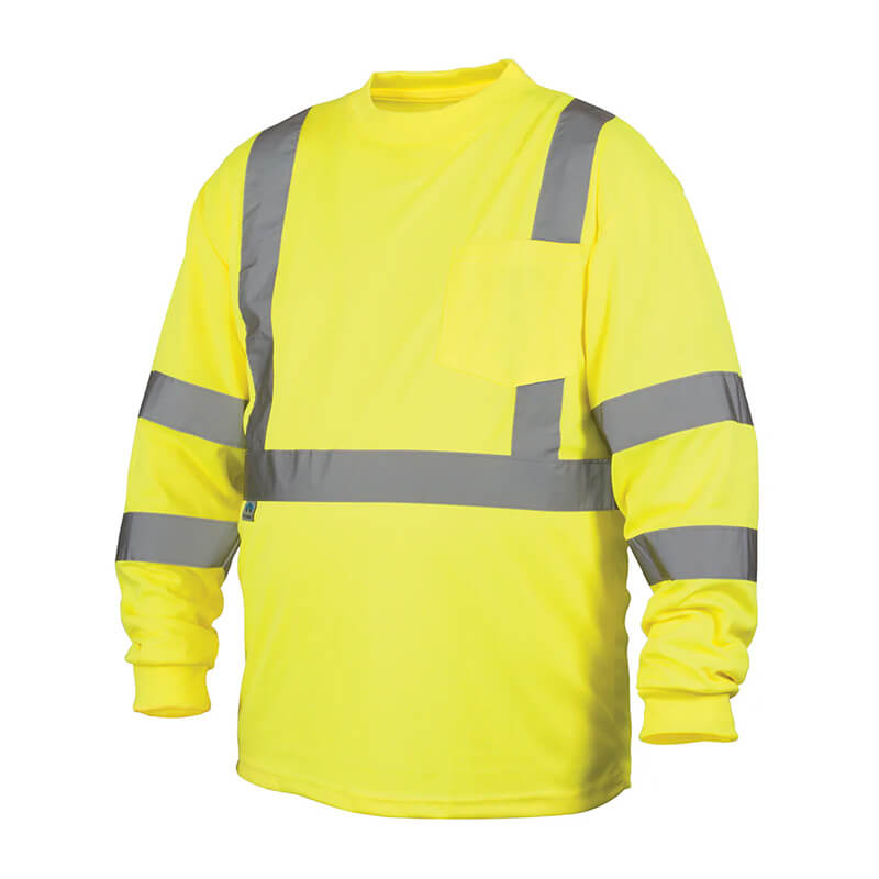 The Pyramex RLTS31 Type R - Class 3 Hi-Vis Long Sleeve T-Shirt by Pyramex Safety features a vibrant yellow color, moisture-wicking fabric, and reflective gray stripes across the chest, back, and sleeves, providing exceptional visibility in low-light conditions.