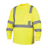 The Pyramex RLTS31 Type R - Class 3 Hi-Vis Long Sleeve T-Shirt by Pyramex Safety features a vibrant yellow color, moisture-wicking fabric, and reflective gray stripes across the chest, back, and sleeves, providing exceptional visibility in low-light conditions.