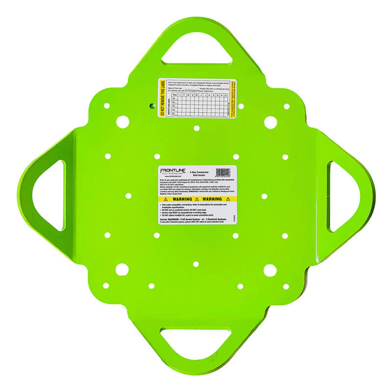 Bright green, flat, square-shaped Frontline Multifunction 4-Way Anchor Plate RO4W by Frontline Fall Protection, featuring rounded corners, built-in handles on each side, multiple holes for multi-use, and center caution labels.