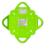 Bright green, flat, square-shaped Frontline Multifunction 4-Way Anchor Plate RO4W by Frontline Fall Protection, featuring rounded corners, built-in handles on each side, multiple holes for multi-use, and center caution labels.