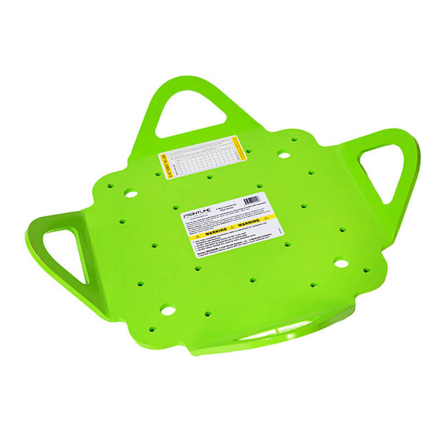 The Frontline Multifunction 4-Way Anchor Plate RO4W by Frontline Fall Protection is a bright green plastic transfer board with three handles, multiple small holes, lifelines, labels, and instructions visible on its surface.