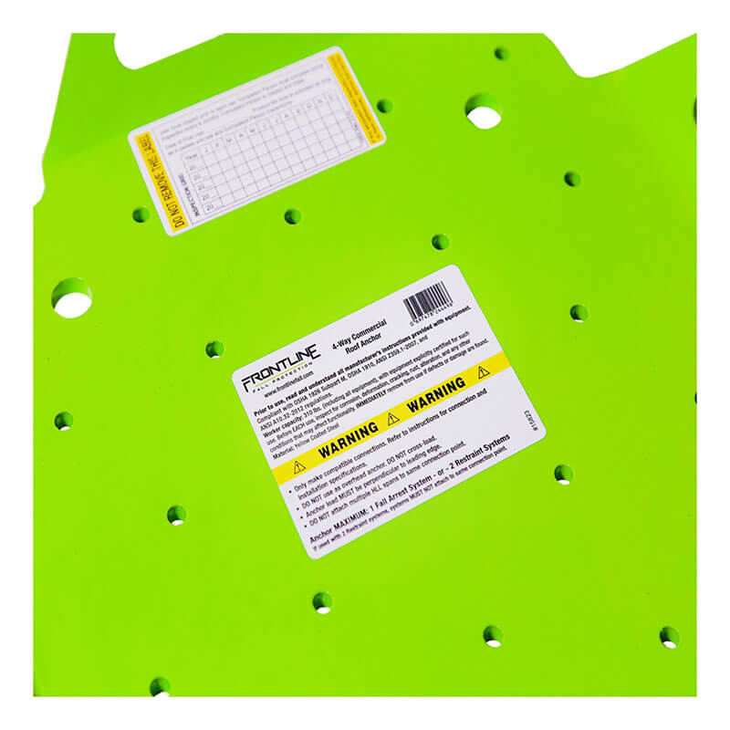 The Frontline Fall Protection Multifunction 4-Way Anchor Plate RO4W is a bright green rectangular plate with evenly spaced holes and two white labels (large with warnings/instructions, small chart); ideal for multifunction lifeline setups.