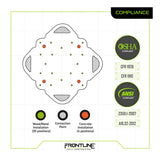 Diagram of the Frontline Multifunction 4-Way Anchor Plate RO4W by Frontline Fall Protection: square platform with colored dots for wood/metal (green), connection (orange), and concrete (red) installation points; includes OSHA & ANSI compliance details.
