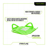 The Frontline Fall Protection Multifunction 4-Way Anchor Plate RO4W is a high-strength, reusable anchor in safety green with handles, ideal for lifelines on metal, wood, or concrete. Shown on a white background for visibility.