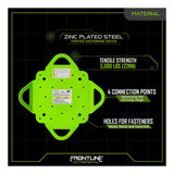 The Frontline Multifunction 4-Way Anchor Plate RO4W by Frontline Fall Protection is shown green-painted on a black grid. Text highlights its 5,000 lb tensile strength, four lifeline connection points, fastener holes, and zinc-plated steel material. Logo at bottom.