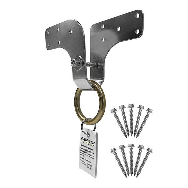 The Frontline Roof Wood Truss Anchor ROWT18 by Frontline Fall Protection features a stainless steel bracket with multiple holes, brass ring, labeled tag, and two sets of screws—perfect as a roof truss anchor for fall protection—shown on white background.