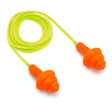 The Pyramex RP3001 Series Reusable Corded Earplugs by Pyramex Safety feature bright orange earplugs with flexible rubber flanges, connected by a lime green cord, designed for a snug fit in the ears.