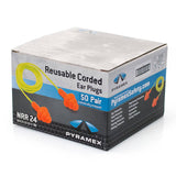 A box of Pyramex RP3001 Series Reusable Corded Earplugs contains 50 individually wrapped pairs with an NRR of 24dB. The packaging is primarily black and gray, showcasing images of the orange earplugs with yellow cords, highlighting their flexible rubber flanges. For more information, visit the Pyramex Safety website at PyramexSafety.com.