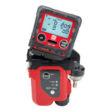 The RKI Instruments GX-3R with Pump Bundle is a red and black multi-gas monitor for CO, H2S, LEL, and O2 with a digital display, attaches to an RP-3R device—ideal for confined space detection.