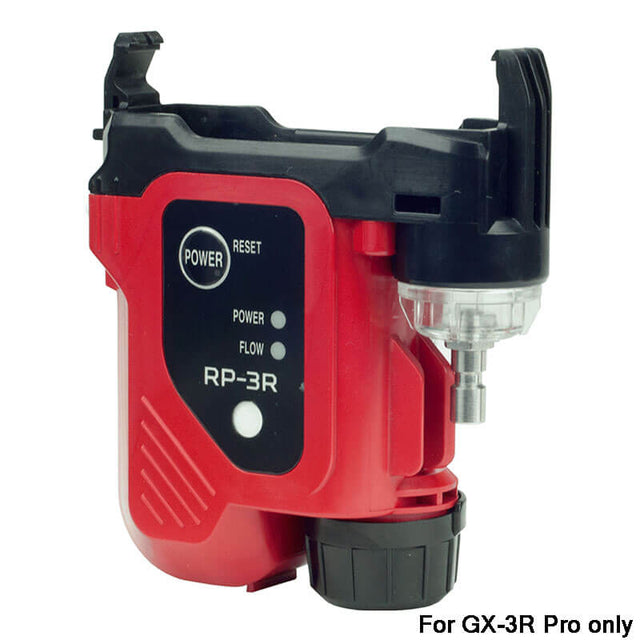 The RKI Instruments RP-3R Sample Drawing Pump for GX-3R (Pro) features a red and black design, buttons, indicator lights, a clear nozzle, and a bottom dial. Marked "For GX-3R Pro only," it’s ideal for confined space entry applications.