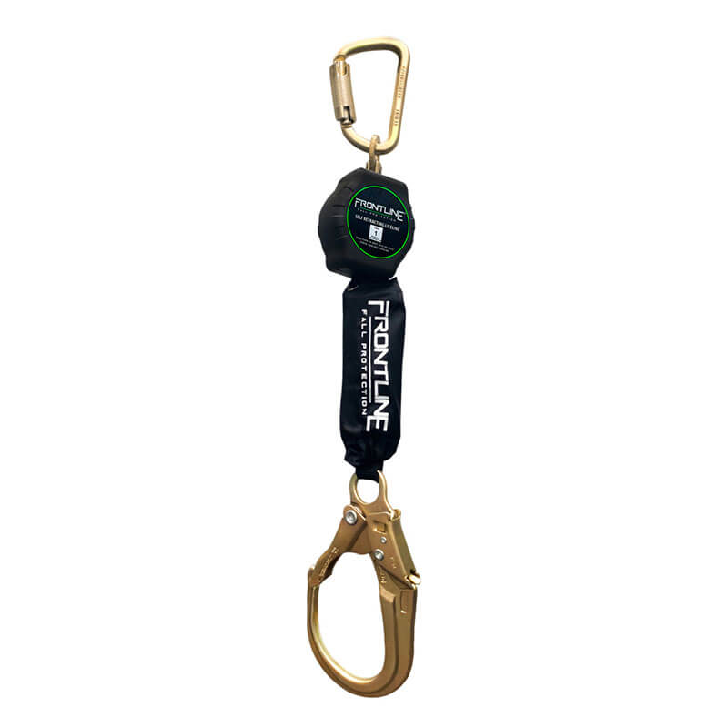 The Frontline Fall Protection Aramid Fiber Web SRL with steel rebar hook features a black and gold design, "FRONTLINE" label, and durable Aramid fiber for reliable fall protection in safety harness systems.
